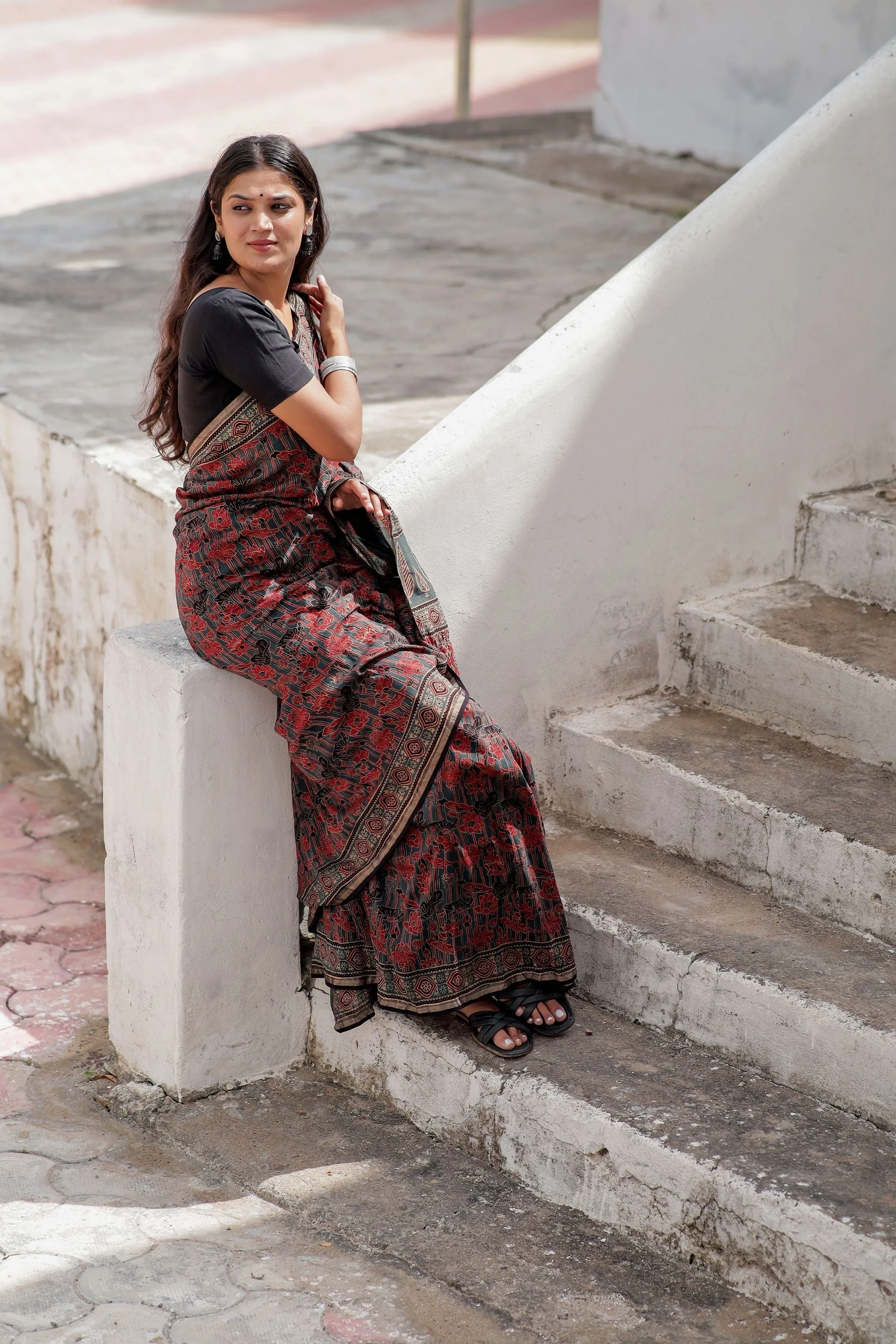 A trsyt with Ajrakh -  Jharokha - red chanderi ajrakh saree