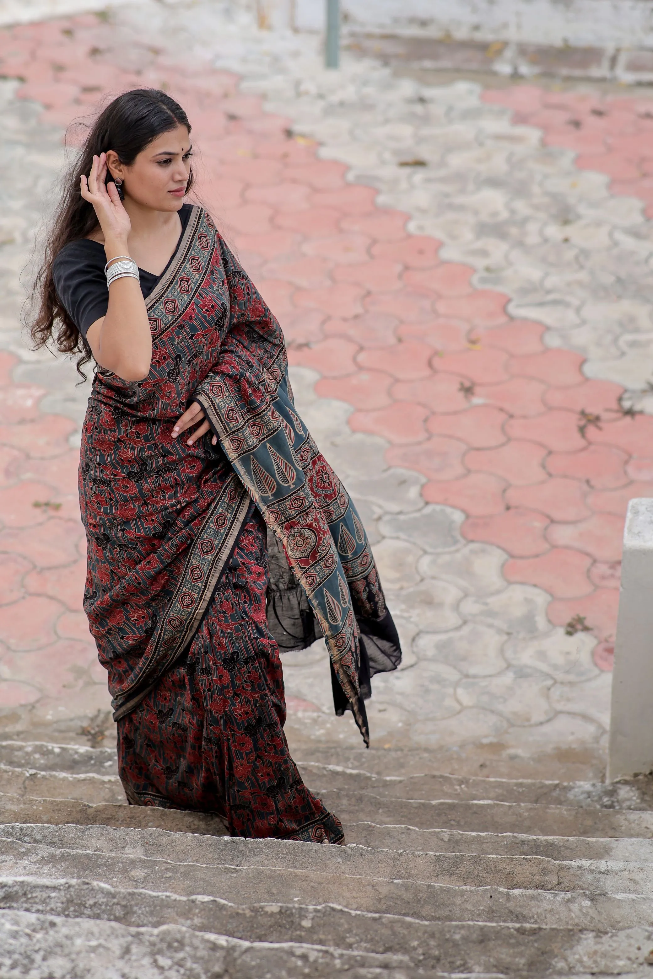 A trsyt with Ajrakh -  Jharokha - red chanderi ajrakh saree