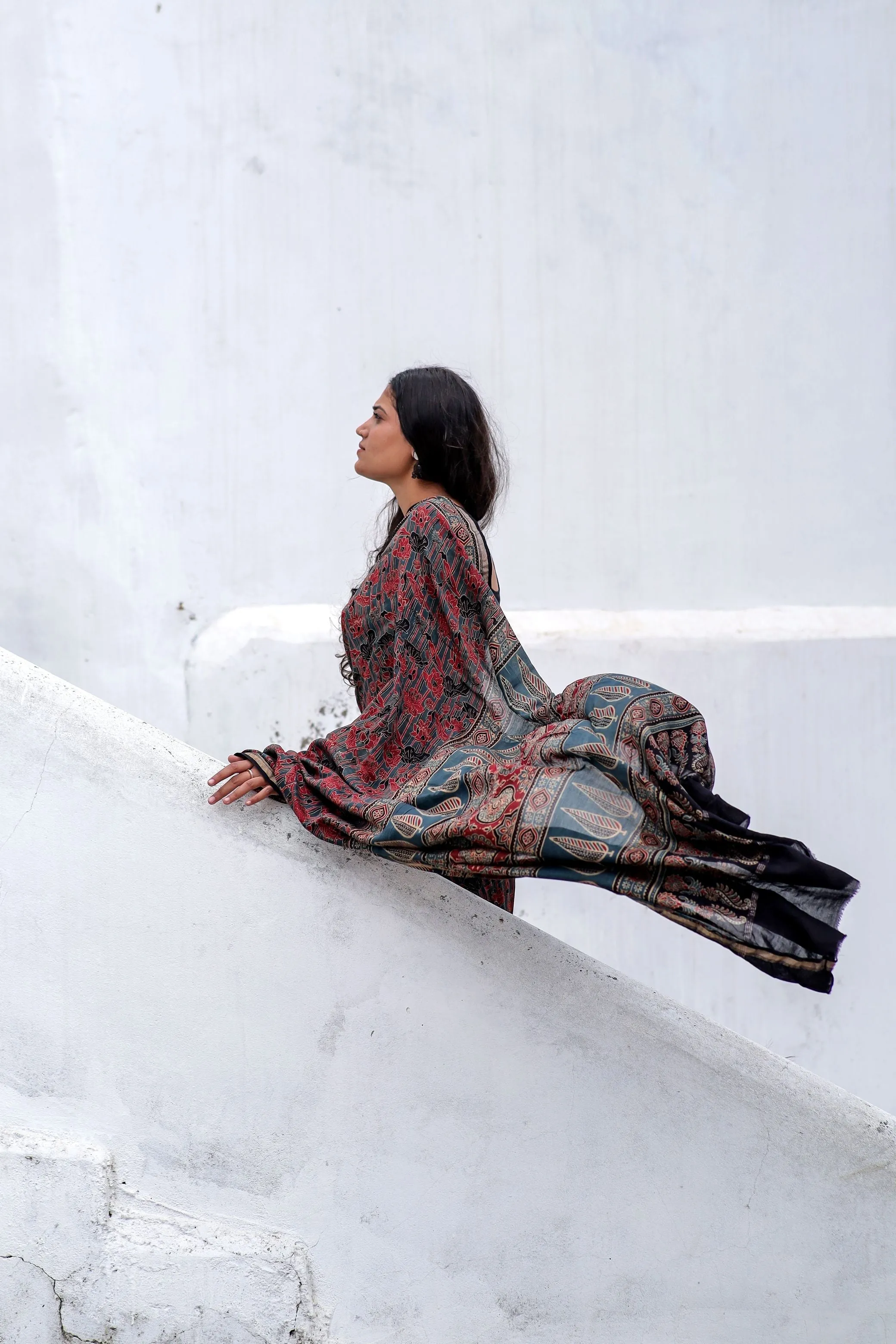 A trsyt with Ajrakh -  Jharokha - red chanderi ajrakh saree
