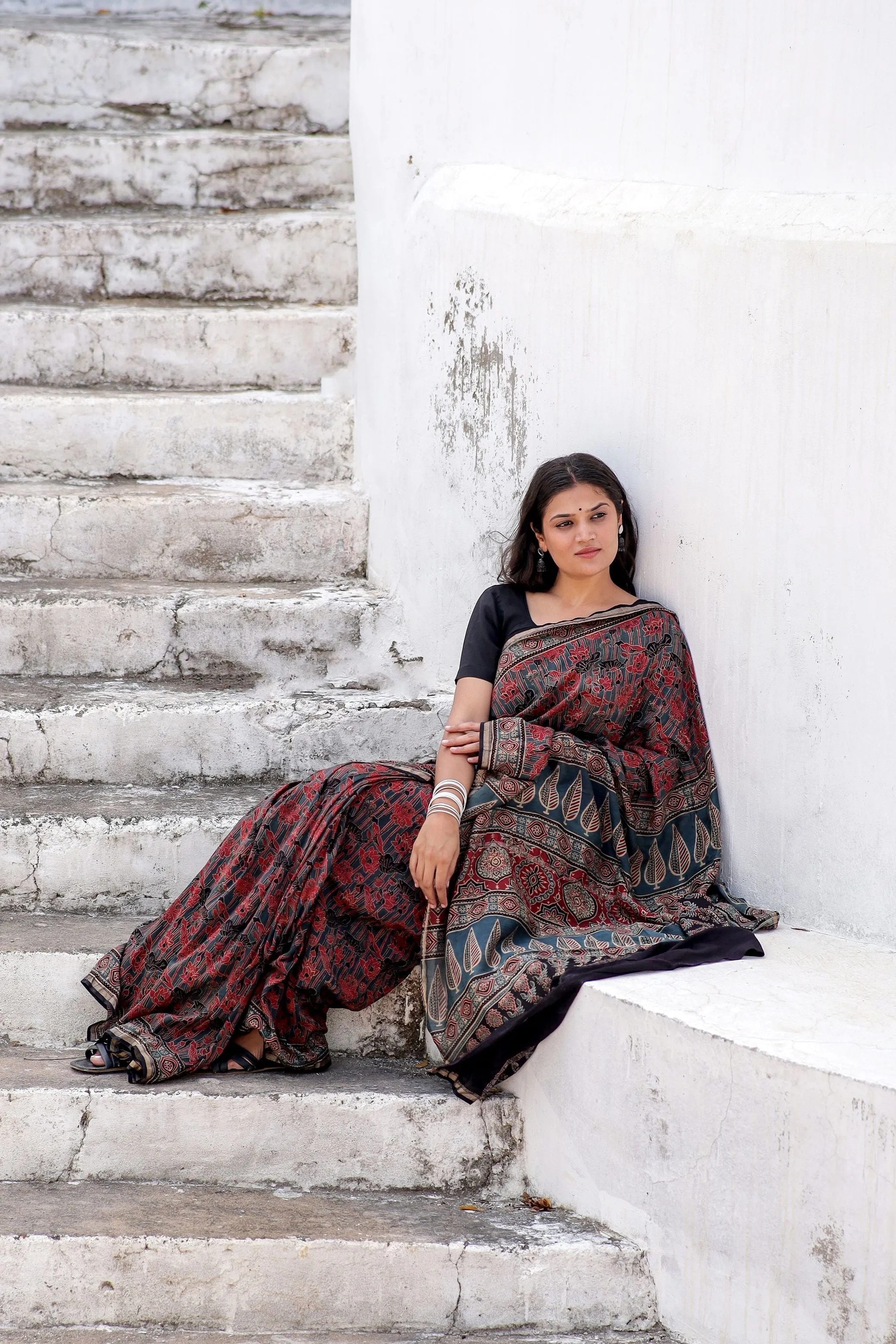 A trsyt with Ajrakh -  Jharokha - red chanderi ajrakh saree