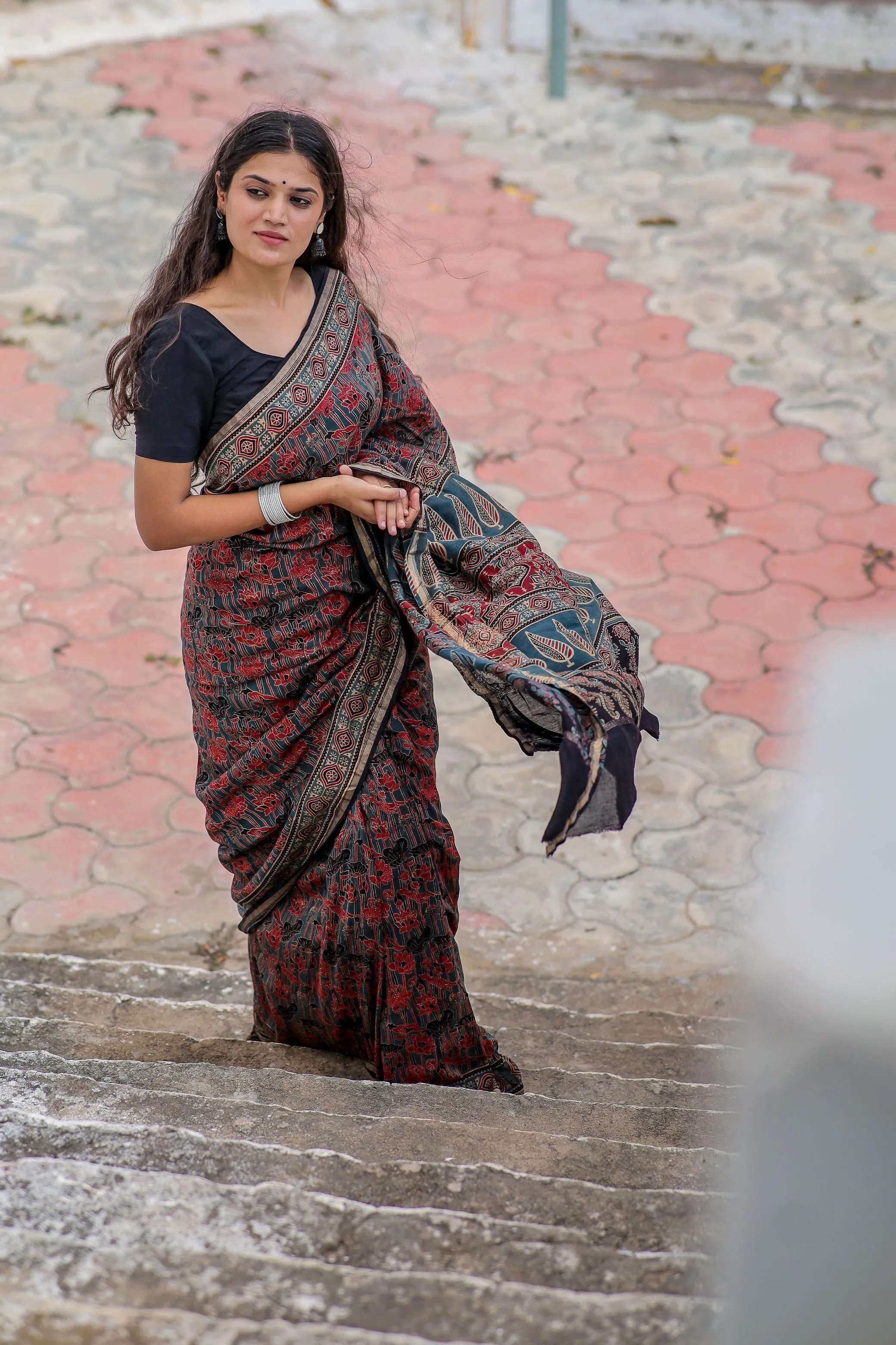 A trsyt with Ajrakh -  Jharokha - red chanderi ajrakh saree
