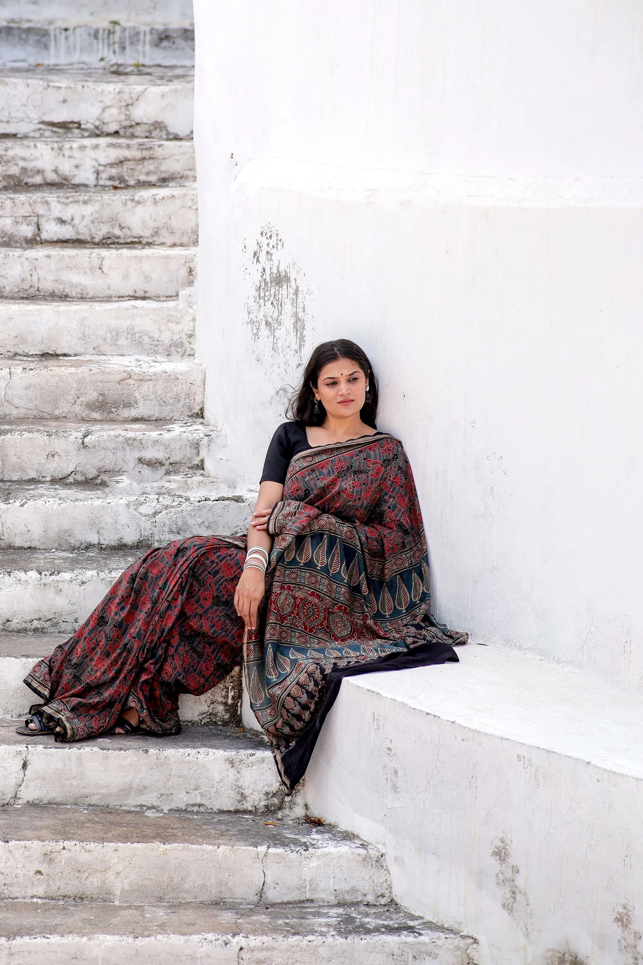 A trsyt with Ajrakh -  Jharokha - red chanderi ajrakh saree