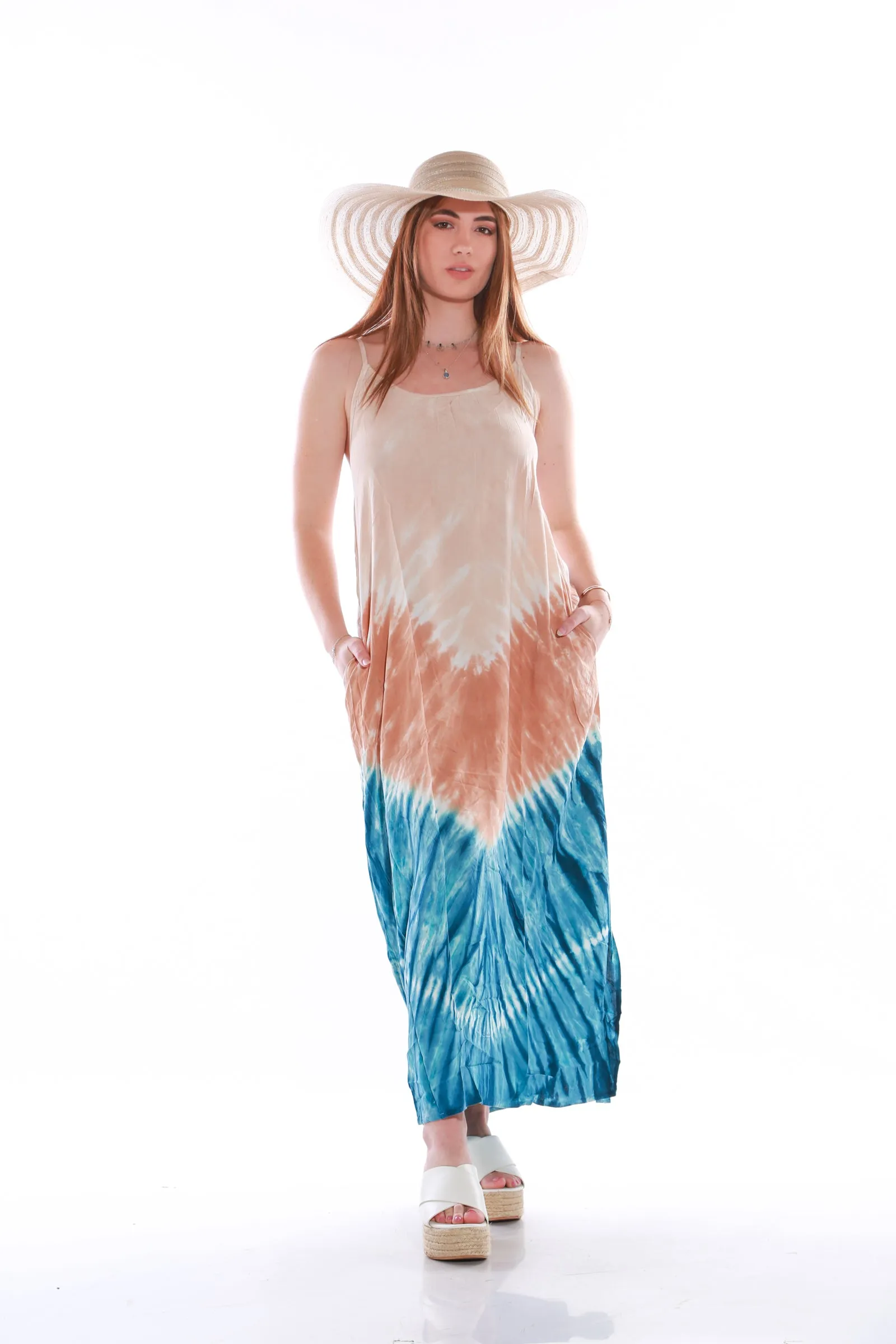 Beach Bunny Maxi Spaghetti beach dress -tie dyed Brown/blue