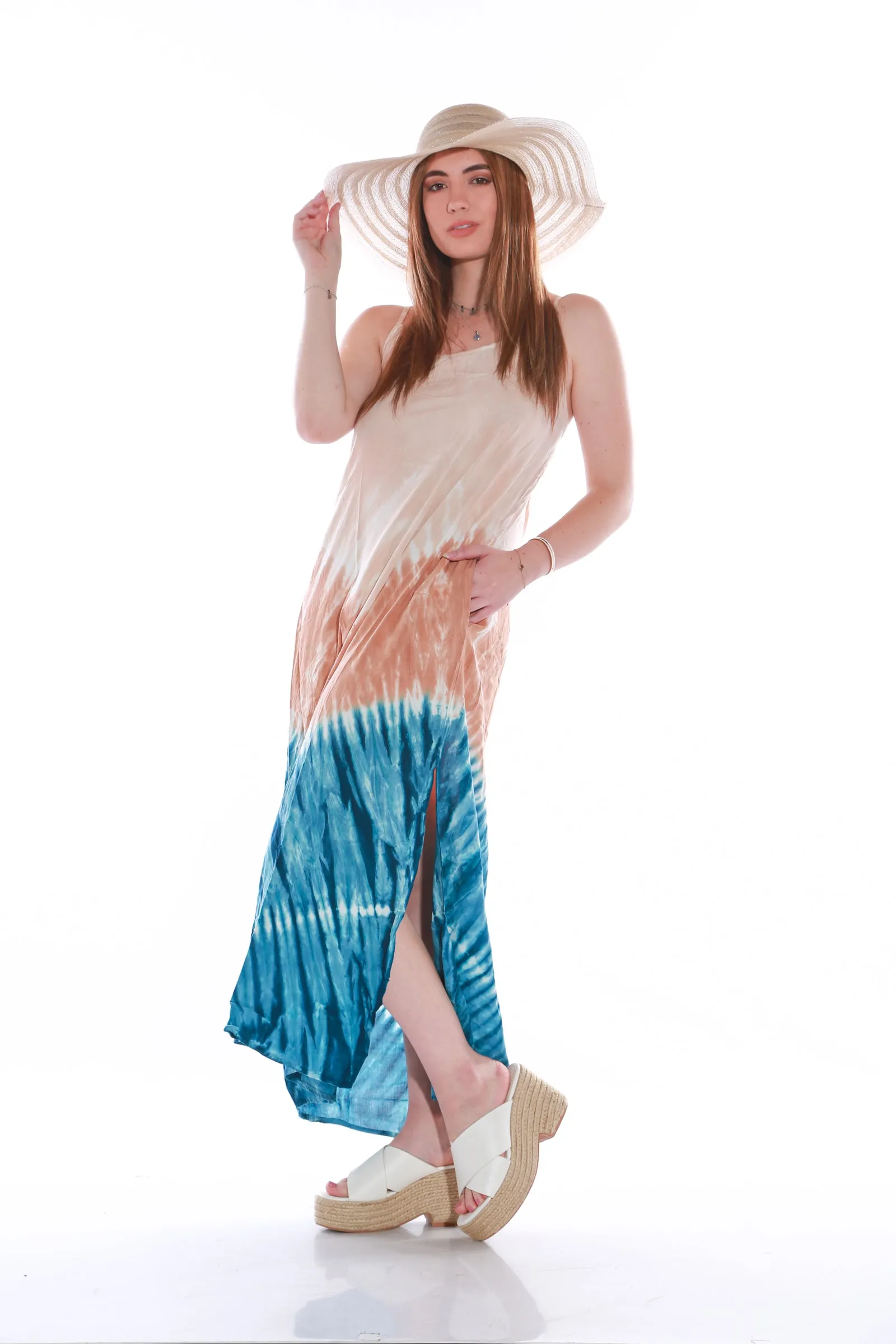 Beach Bunny Maxi Spaghetti beach dress -tie dyed Brown/blue