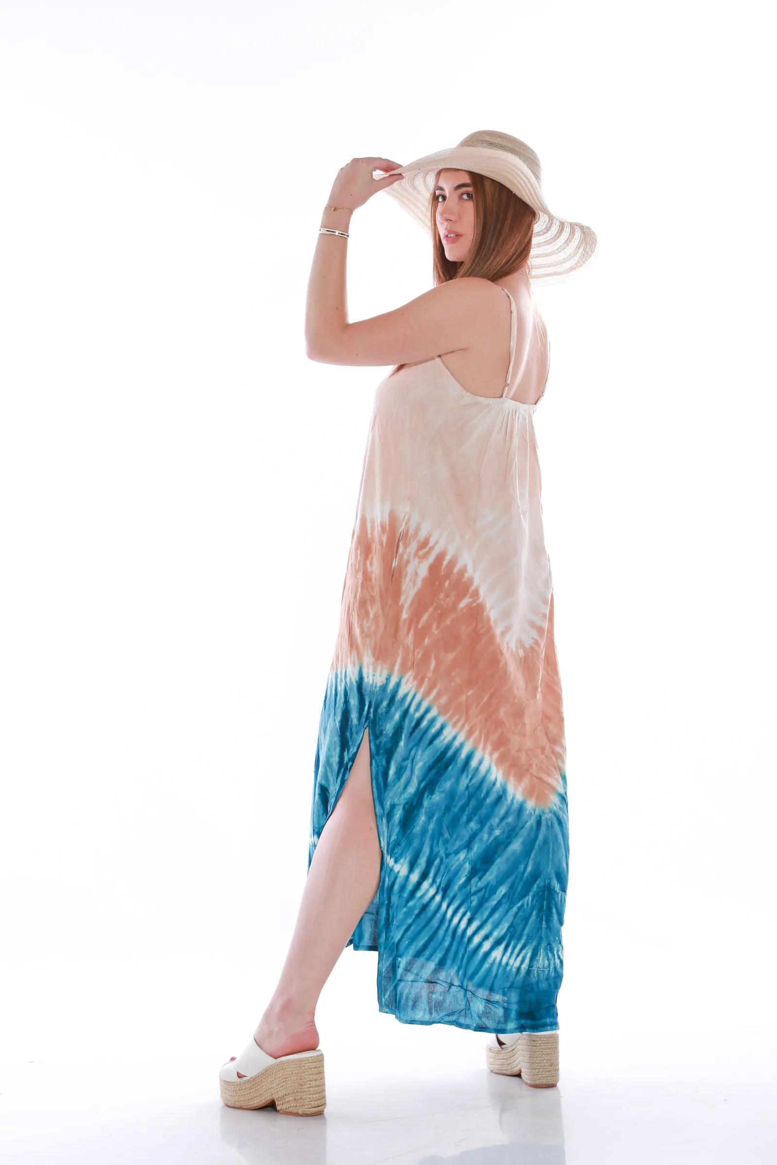 Beach Bunny Maxi Spaghetti beach dress -tie dyed Brown/blue