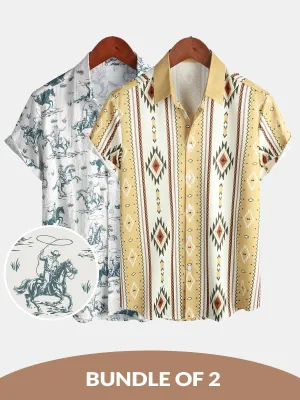 Bundle Of 2 | Men's Vintage Short Sleeve 70s Retro Aztec Print Button Up Shirts
