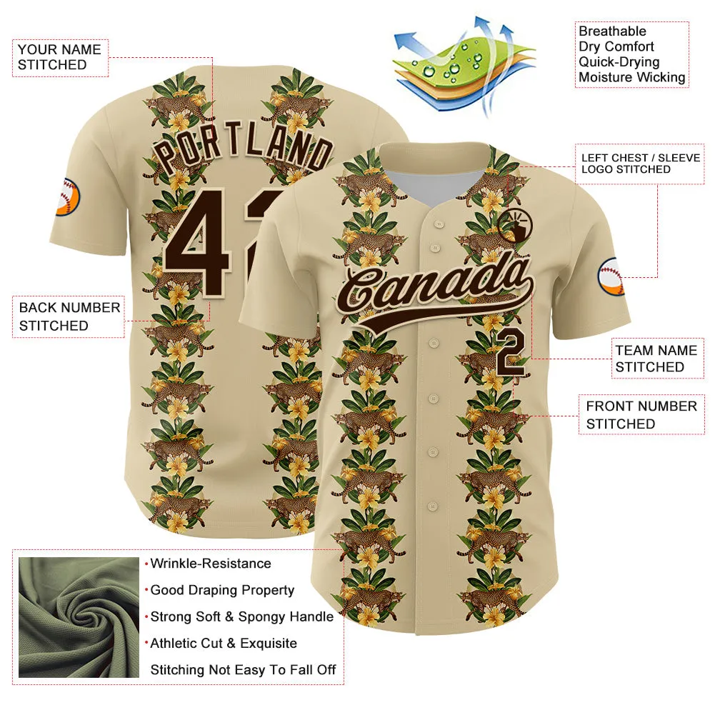 Custom Cream Brown 3D Tropical Hawaii Jungle Plant And Leopard Authentic Baseball Jersey