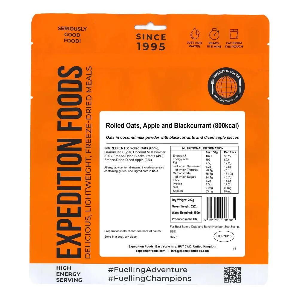EXPEDITION FOODS Rolled Oats, Apple and Blackcurrant (800 kcal) [Dairy Free, Vegetarian, Vegan]