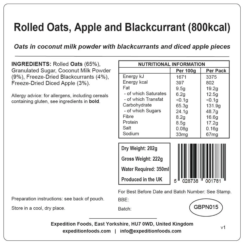 EXPEDITION FOODS Rolled Oats, Apple and Blackcurrant (800 kcal) [Dairy Free, Vegetarian, Vegan]