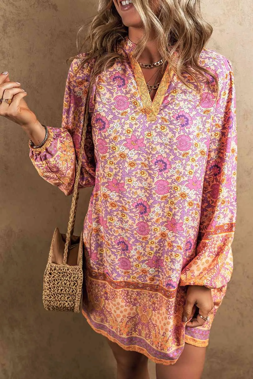 FLORAL V-NECK MINI DRESS