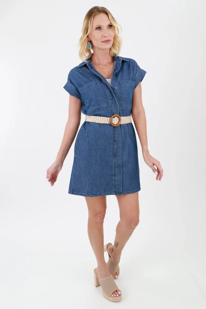 Folded Cap Sleeve Denim Shirt Dress with Belt - Blue