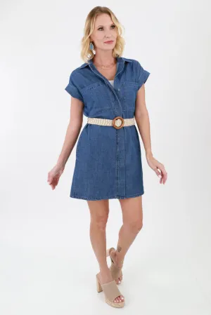 Folded Cap Sleeve Denim Shirt Dress with Belt - Blue
