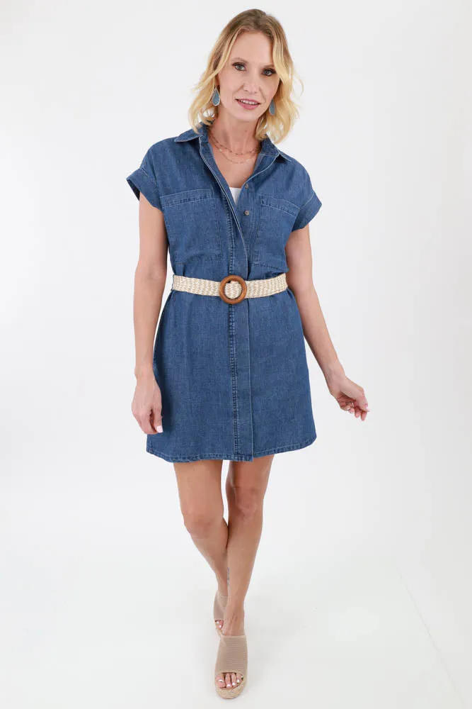 Folded Cap Sleeve Denim Shirt Dress with Belt - Blue