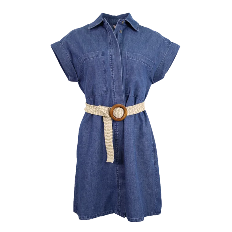 Folded Cap Sleeve Denim Shirt Dress with Belt - Blue
