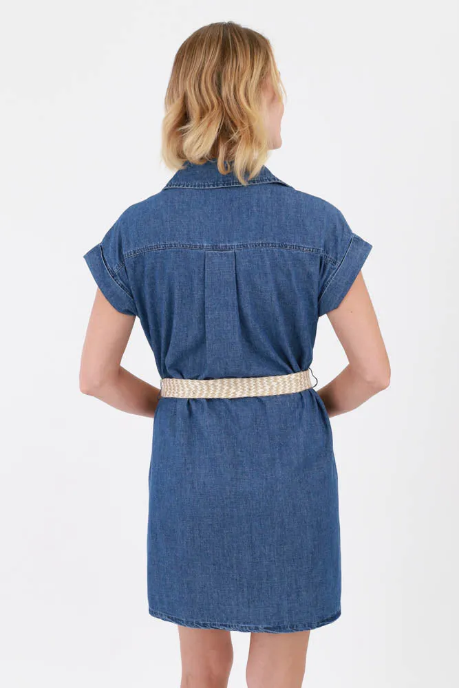 Folded Cap Sleeve Denim Shirt Dress with Belt - Blue