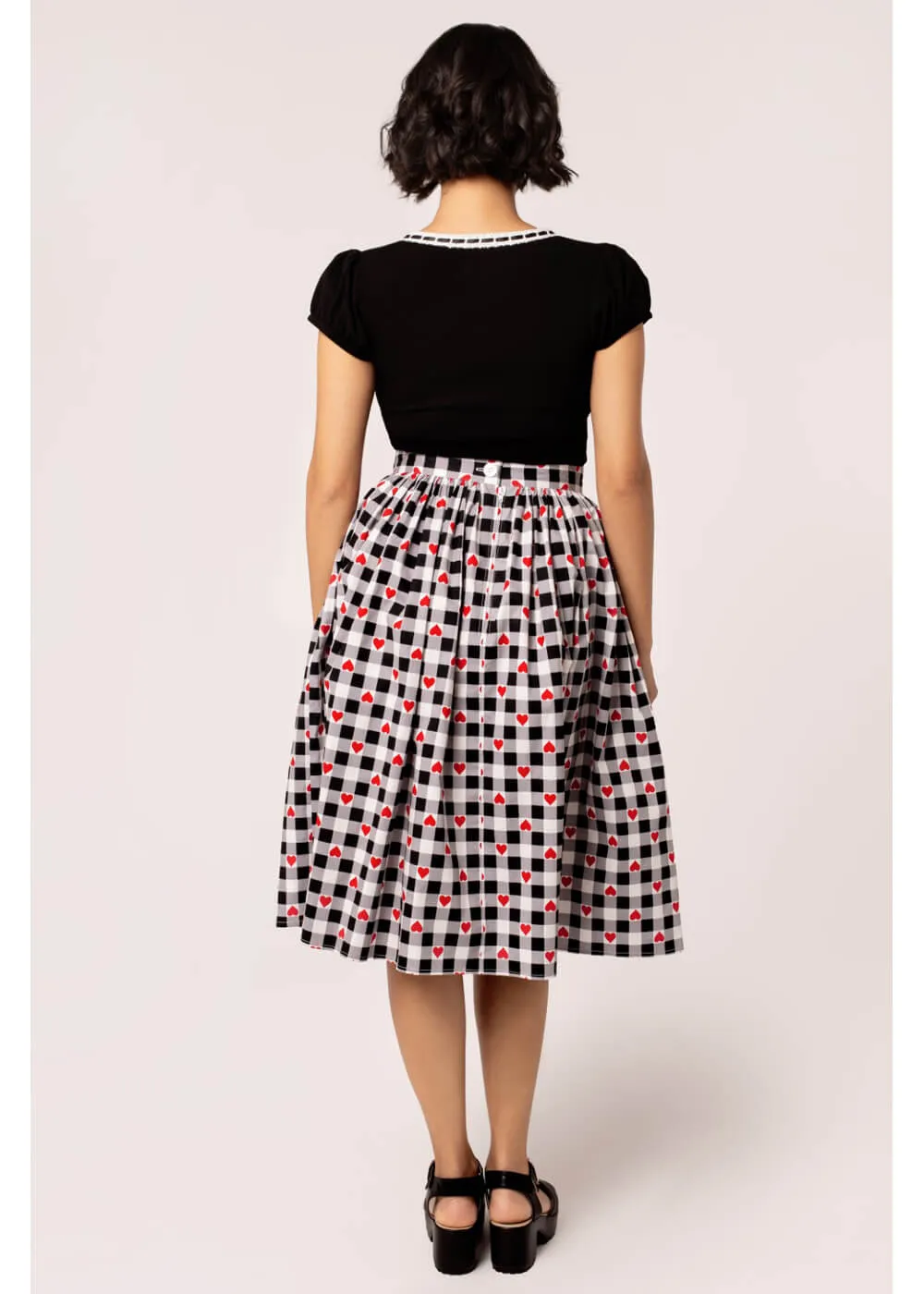 Hell Bunny Leonie Gingham Hearts 50's Swing Skirt Black White