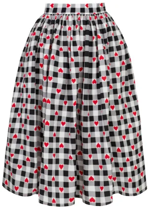 Hell Bunny Leonie Gingham Hearts 50's Swing Skirt Black White