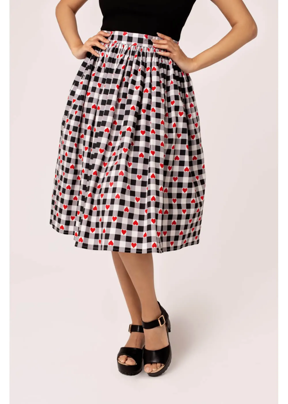 Hell Bunny Leonie Gingham Hearts 50's Swing Skirt Black White