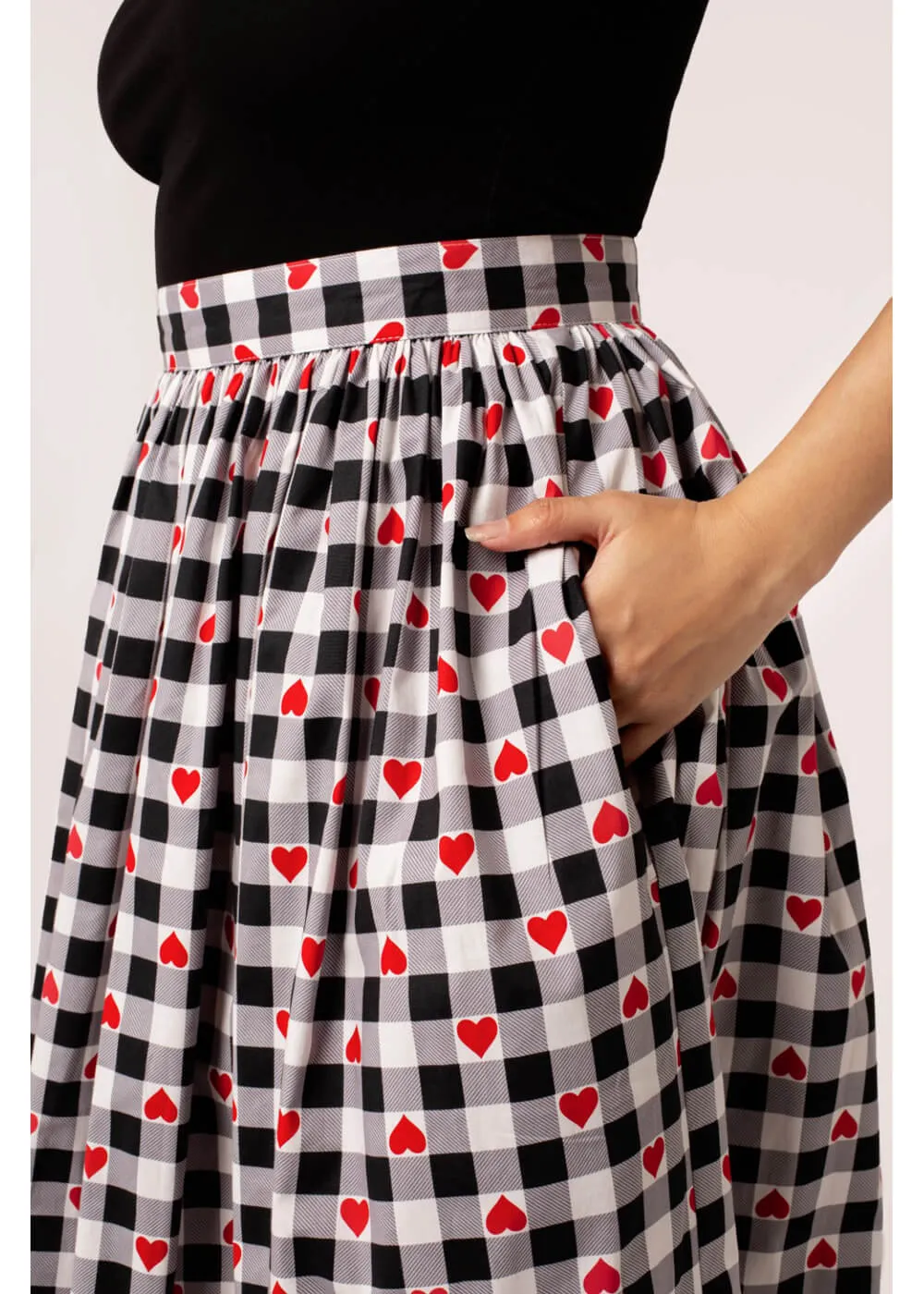 Hell Bunny Leonie Gingham Hearts 50's Swing Skirt Black White