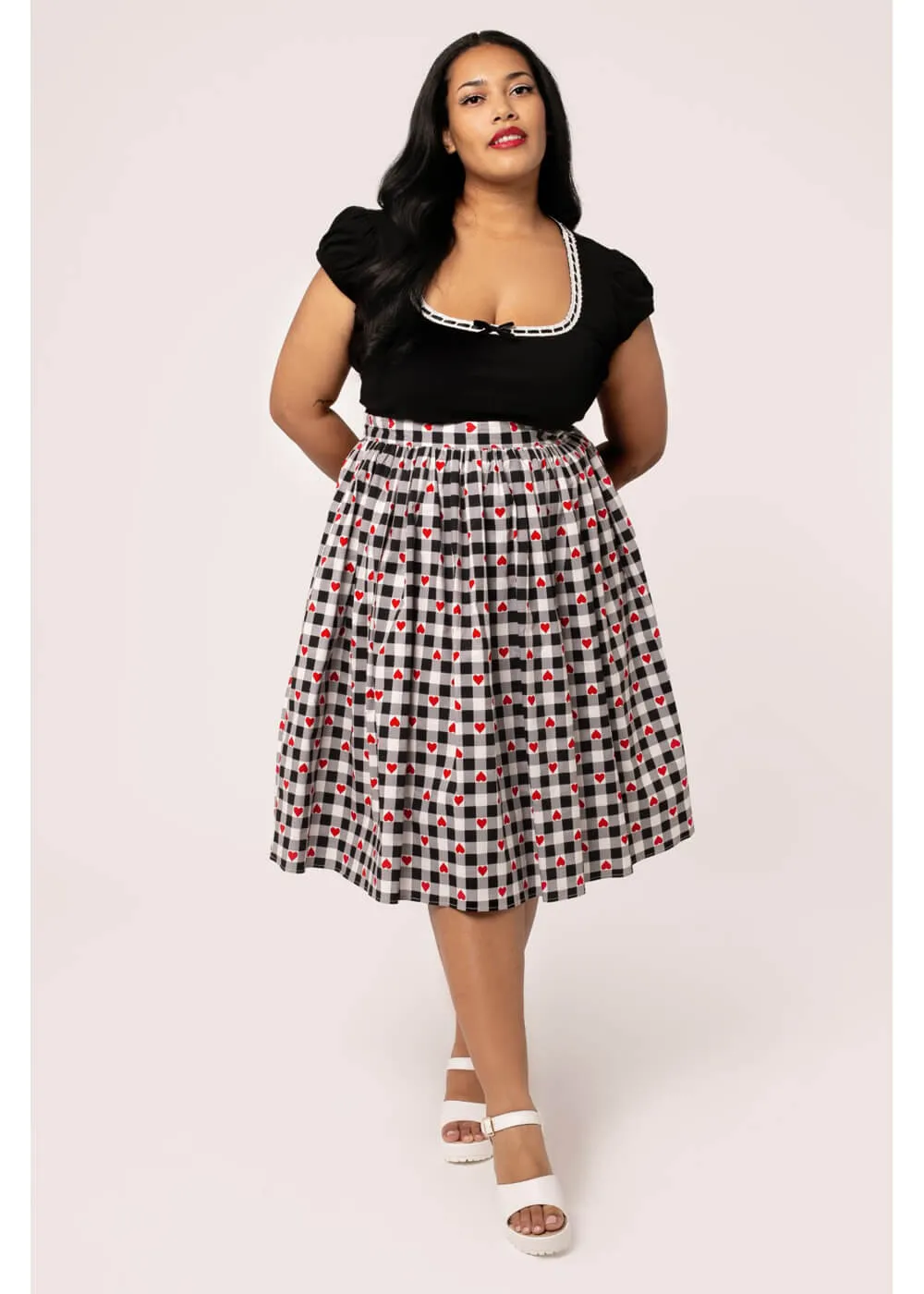 Hell Bunny Leonie Gingham Hearts 50's Swing Skirt Black White