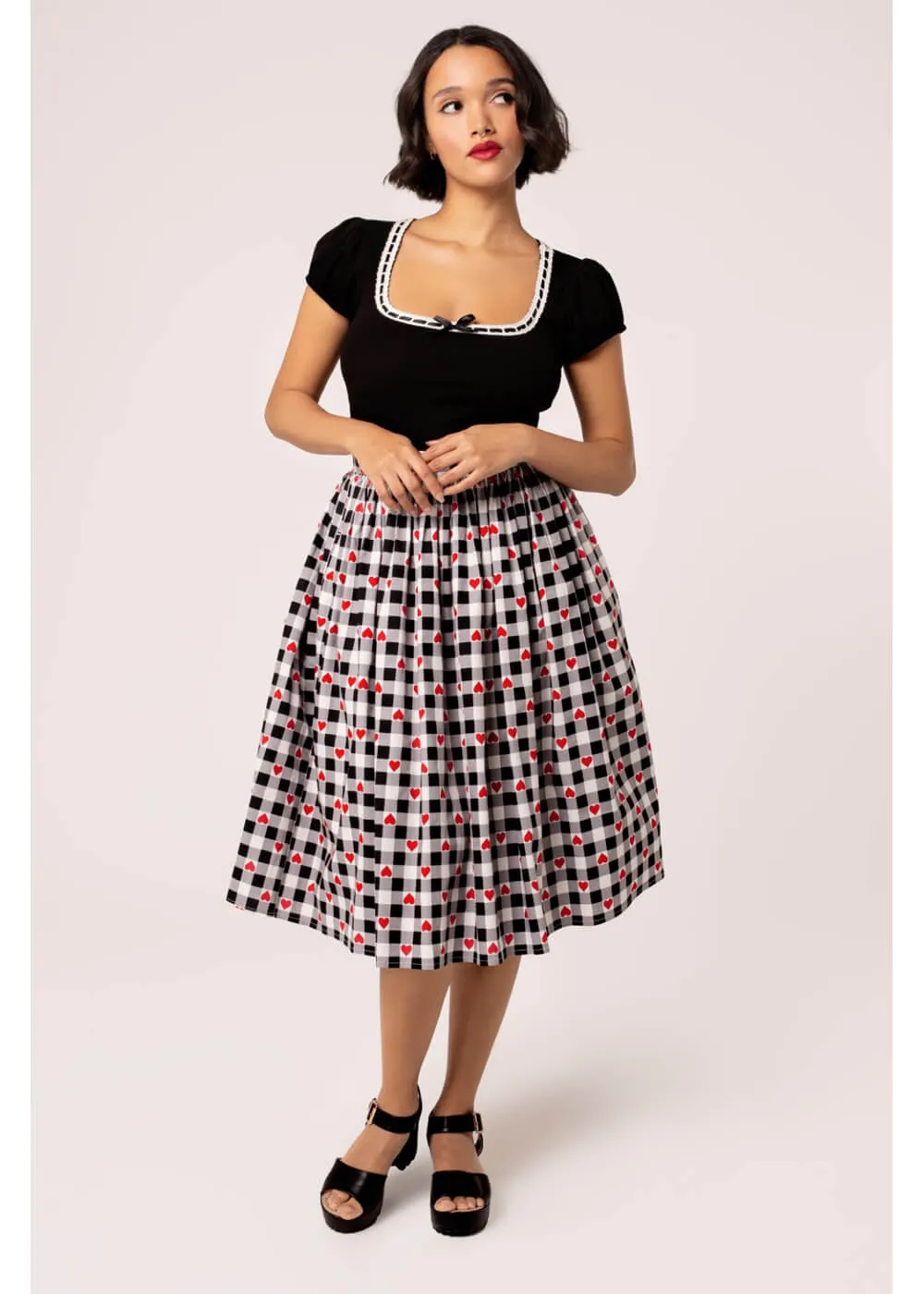 Hell Bunny Leonie Gingham Hearts 50's Swing Skirt Black White