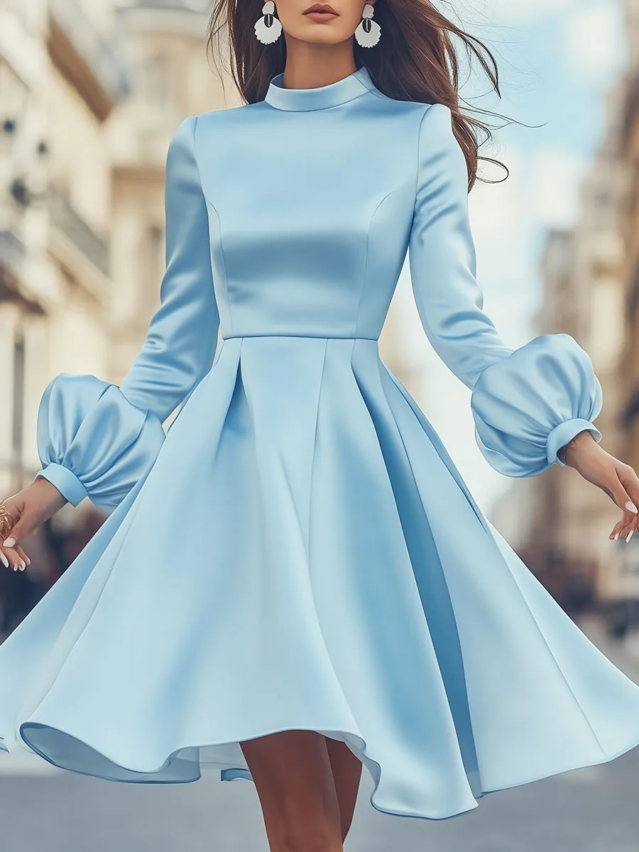 High-end Elegant Half-high Neck Light Blue Satin Puff Sleeve Midi Dress