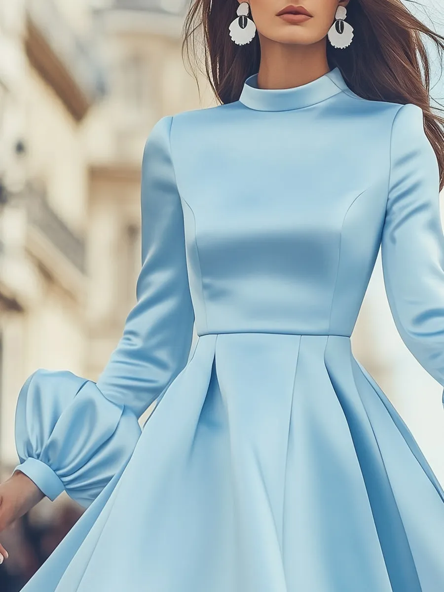 High-end Elegant Half-high Neck Light Blue Satin Puff Sleeve Midi Dress