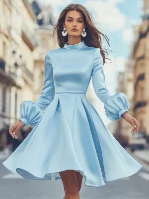High-end Elegant Half-high Neck Light Blue Satin Puff Sleeve Midi Dress