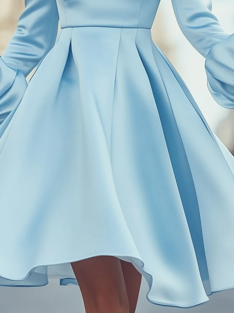 High-end Elegant Half-high Neck Light Blue Satin Puff Sleeve Midi Dress