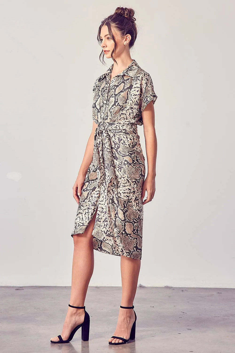 JANA SATIN SNAKE PRINT FRONT TIE MIDI DRESS