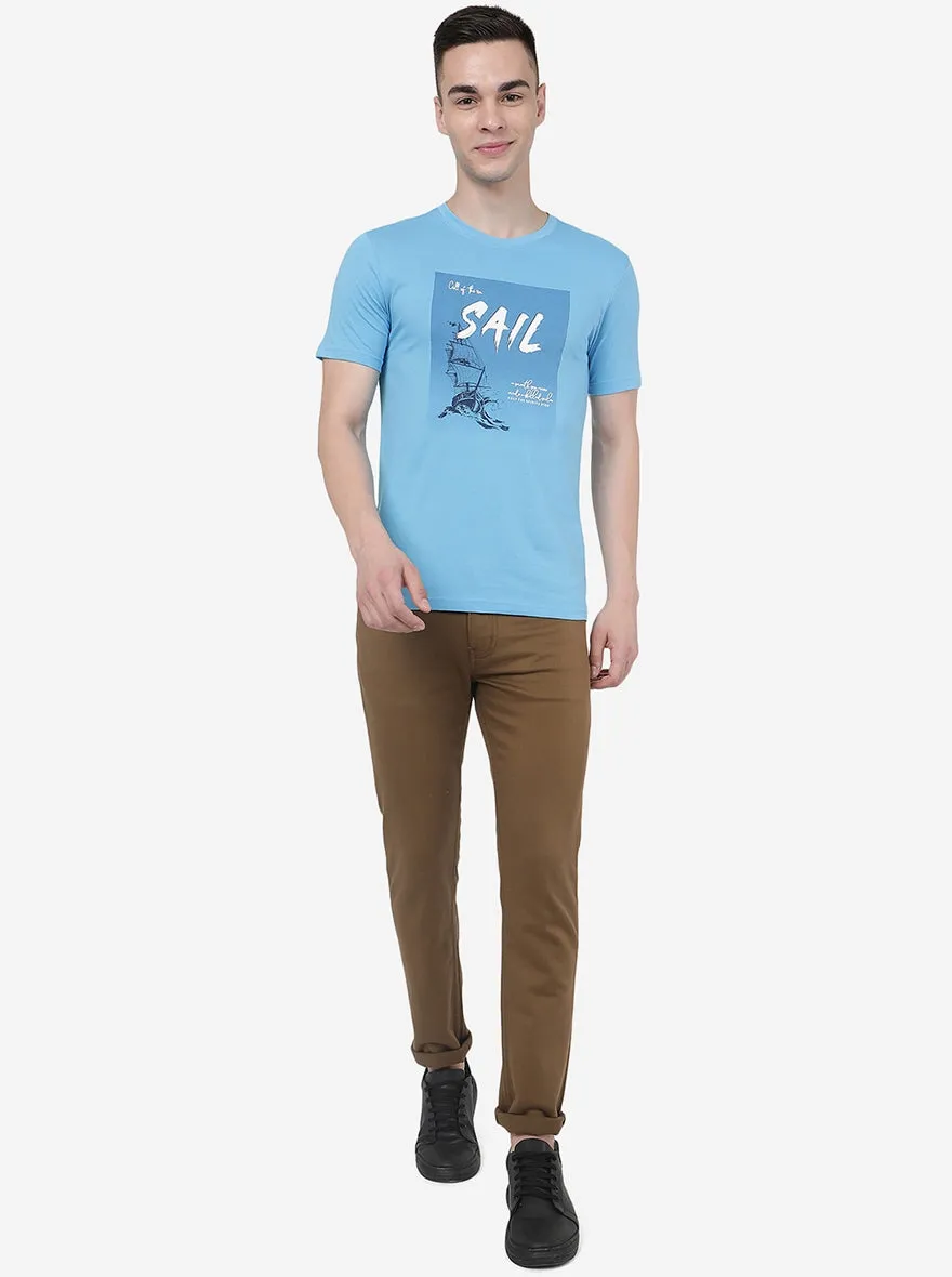 Light Blue Printed Slim Fit T-Shirt | Greenfibre