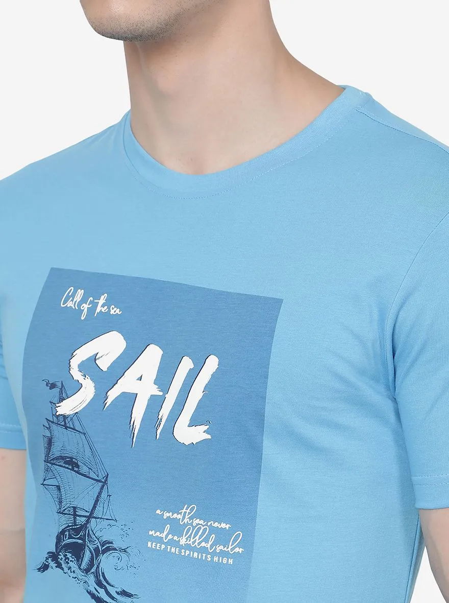 Light Blue Printed Slim Fit T-Shirt | Greenfibre