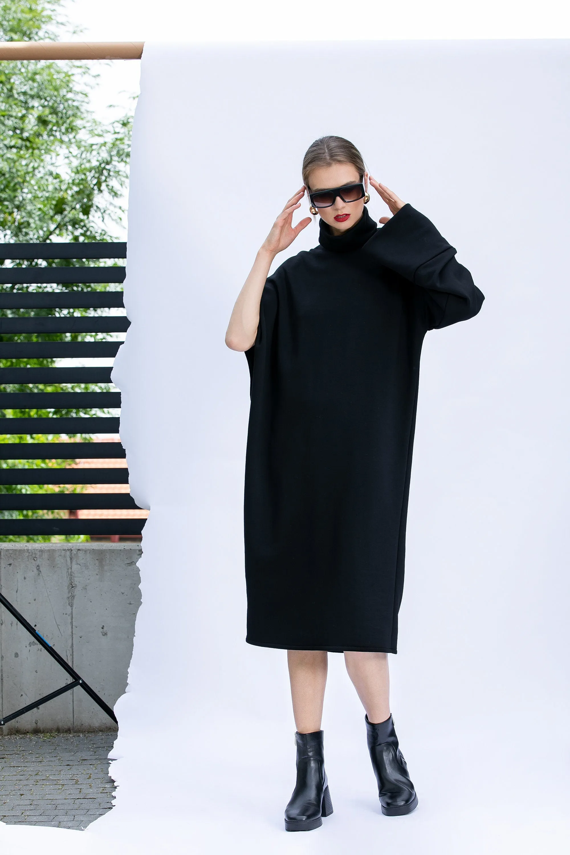 Loose Fit Midi Dress, Plus Size Dress, Warm Sweater Dress in Black, Winter Dress with Asymmetric Sleeves, Plus Size Clothing,Oversized Dress