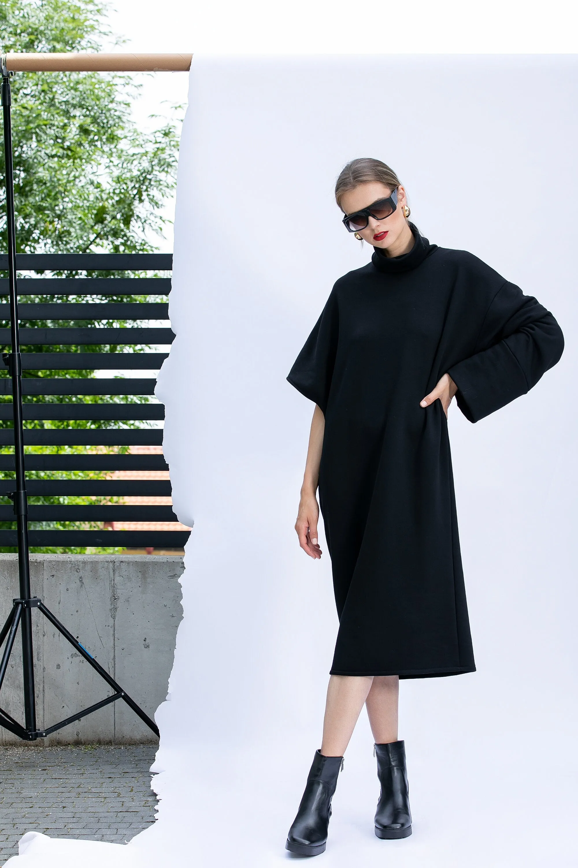 Loose Fit Midi Dress, Plus Size Dress, Warm Sweater Dress in Black, Winter Dress with Asymmetric Sleeves, Plus Size Clothing,Oversized Dress