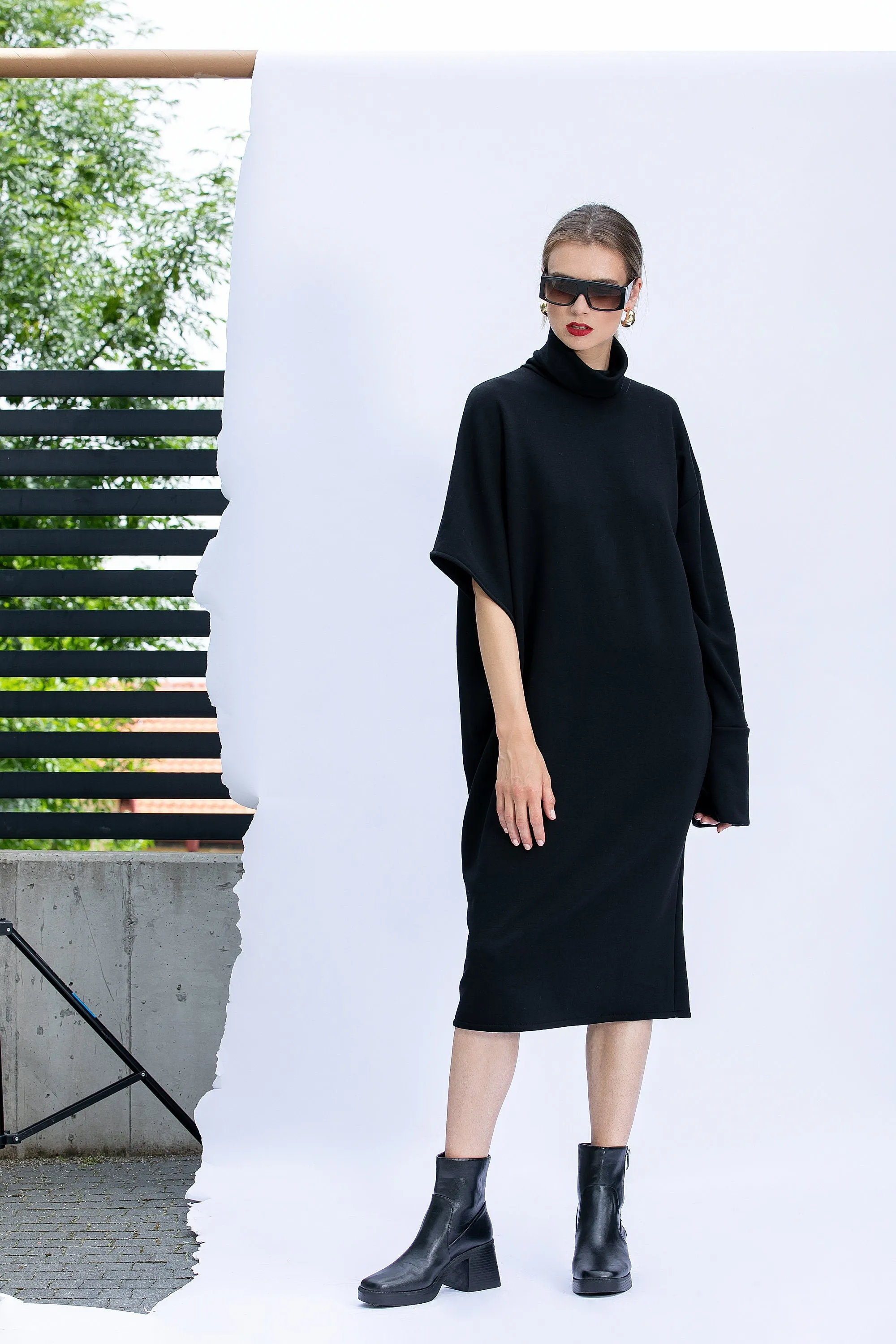 Loose Fit Midi Dress, Plus Size Dress, Warm Sweater Dress in Black, Winter Dress with Asymmetric Sleeves, Plus Size Clothing,Oversized Dress
