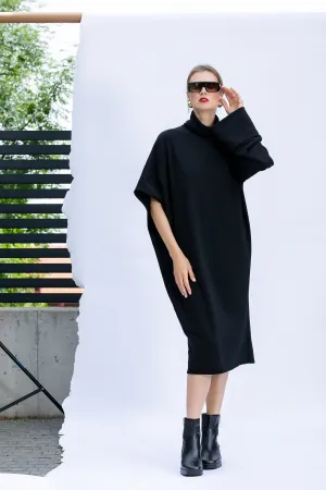 Loose Fit Midi Dress, Plus Size Dress, Warm Sweater Dress in Black, Winter Dress with Asymmetric Sleeves, Plus Size Clothing,Oversized Dress