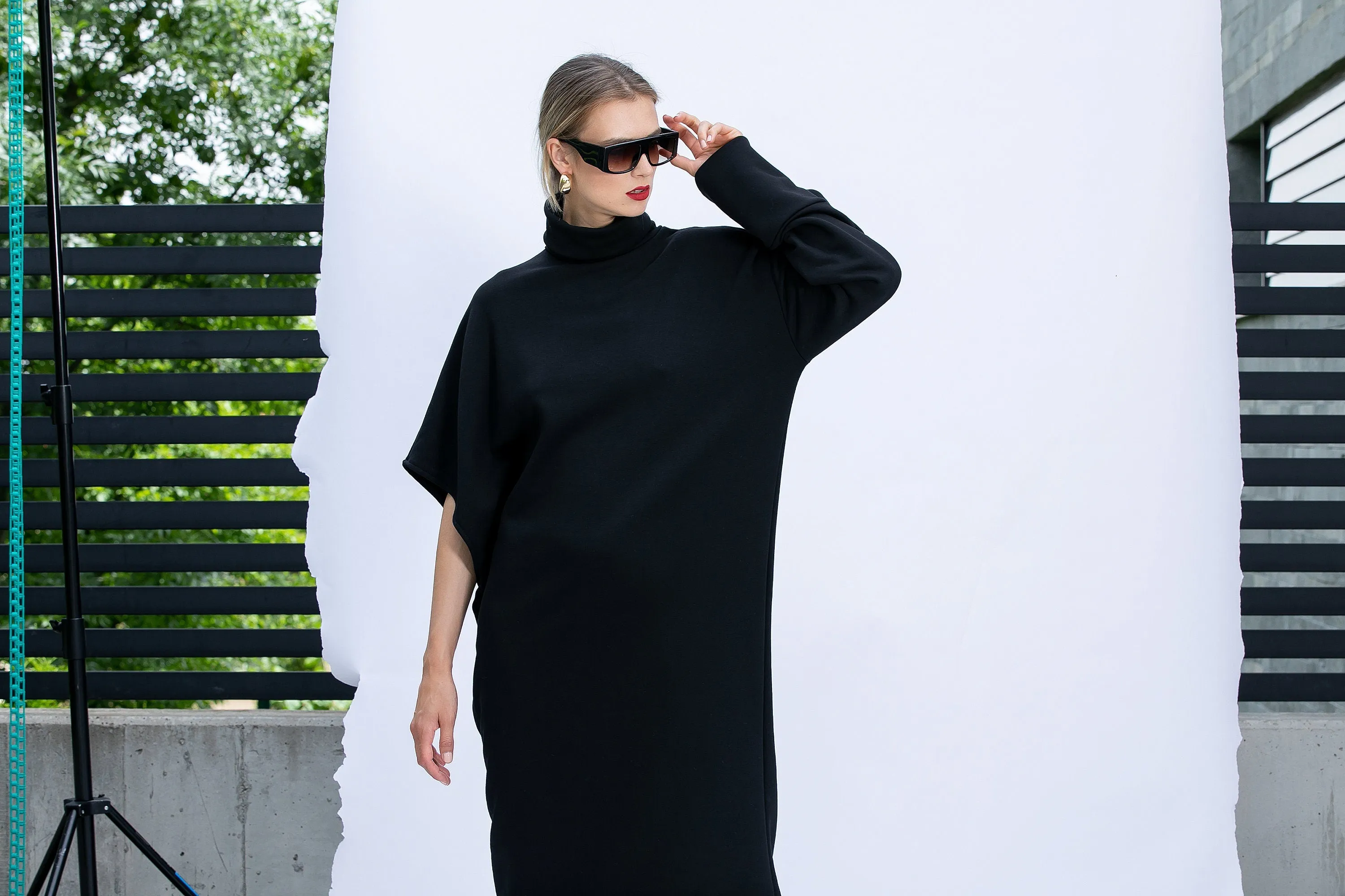 Loose Fit Midi Dress, Plus Size Dress, Warm Sweater Dress in Black, Winter Dress with Asymmetric Sleeves, Plus Size Clothing,Oversized Dress