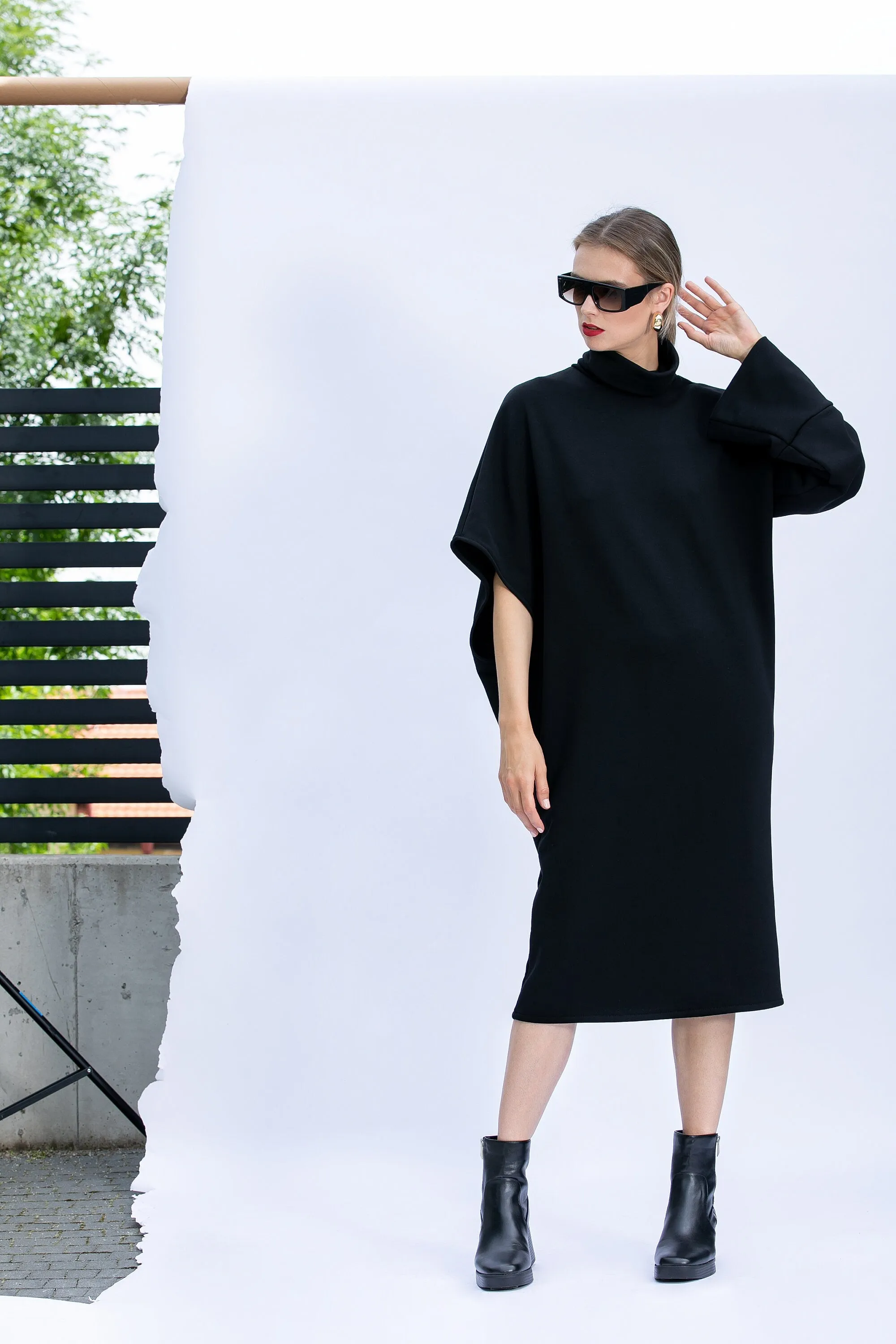 Loose Fit Midi Dress, Plus Size Dress, Warm Sweater Dress in Black, Winter Dress with Asymmetric Sleeves, Plus Size Clothing,Oversized Dress