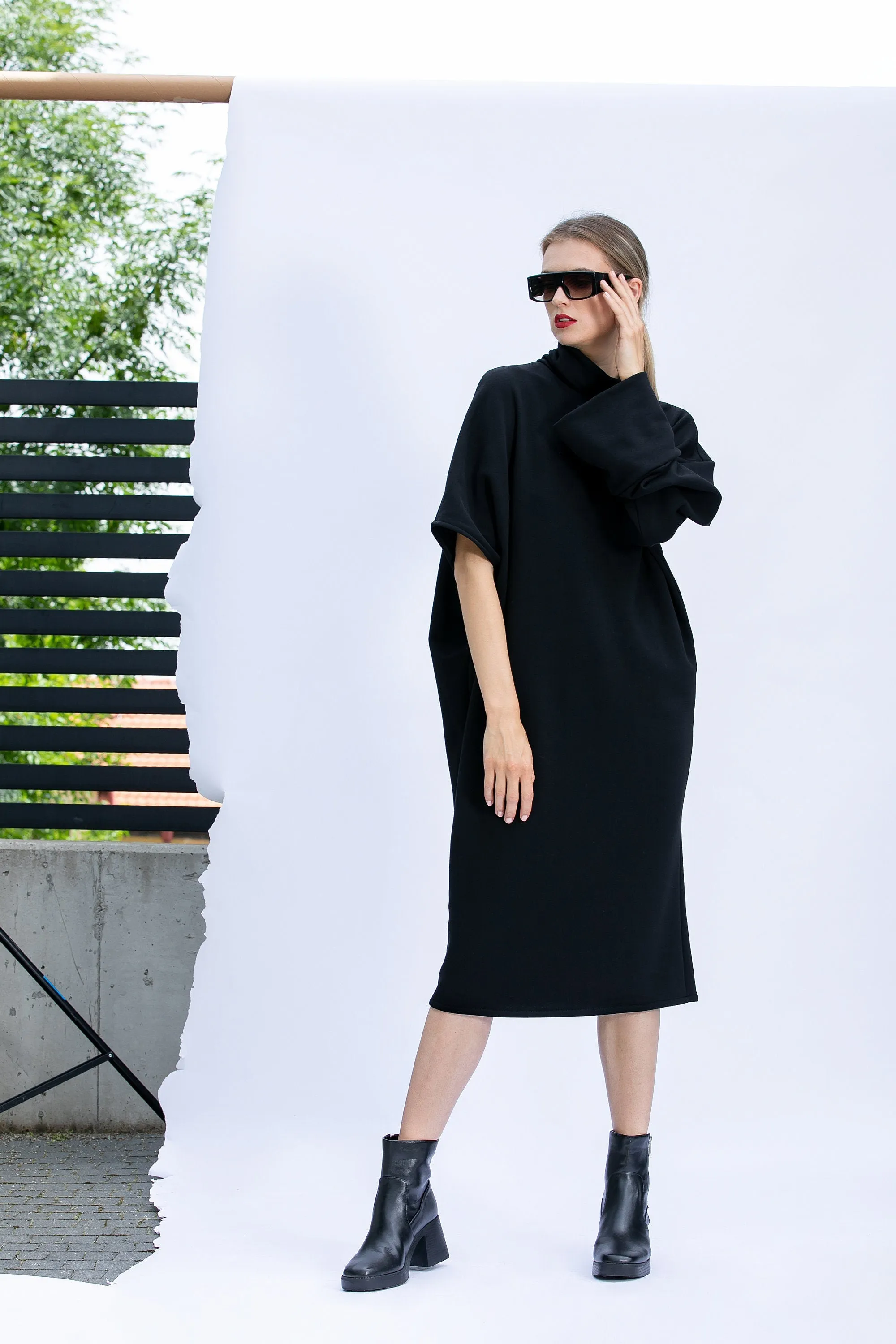 Loose Fit Midi Dress, Plus Size Dress, Warm Sweater Dress in Black, Winter Dress with Asymmetric Sleeves, Plus Size Clothing,Oversized Dress