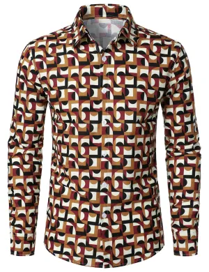 Men's Abstract Geometric Cotton Button Up Casual Long Sleeve Shirt