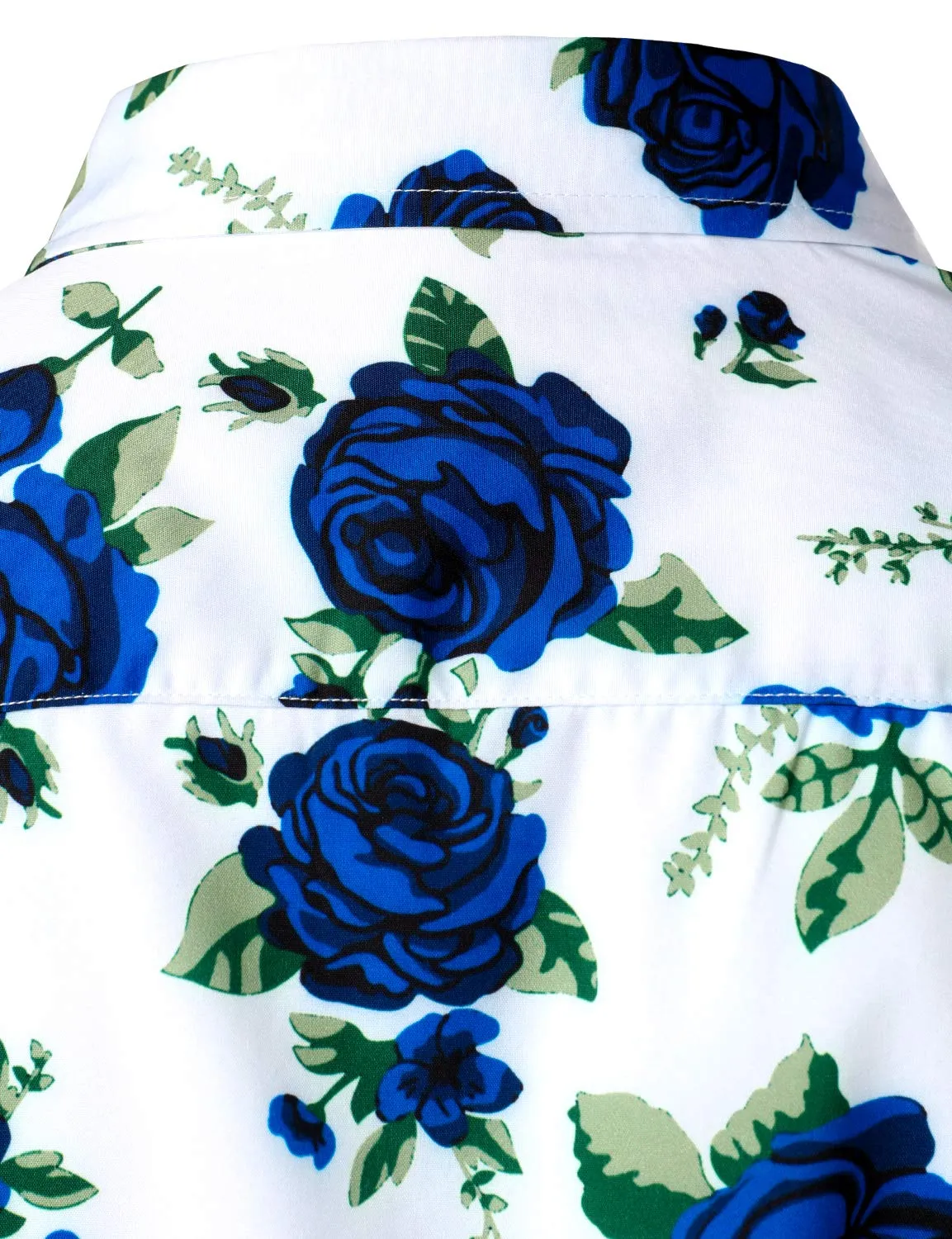 Men's Blue Rose Print Casual Button Up Long Sleeve Shirt