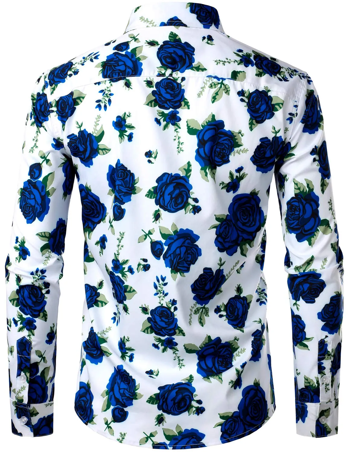 Men's Blue Rose Print Casual Button Up Long Sleeve Shirt
