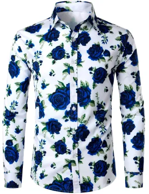 Men's Blue Rose Print Casual Button Up Long Sleeve Shirt