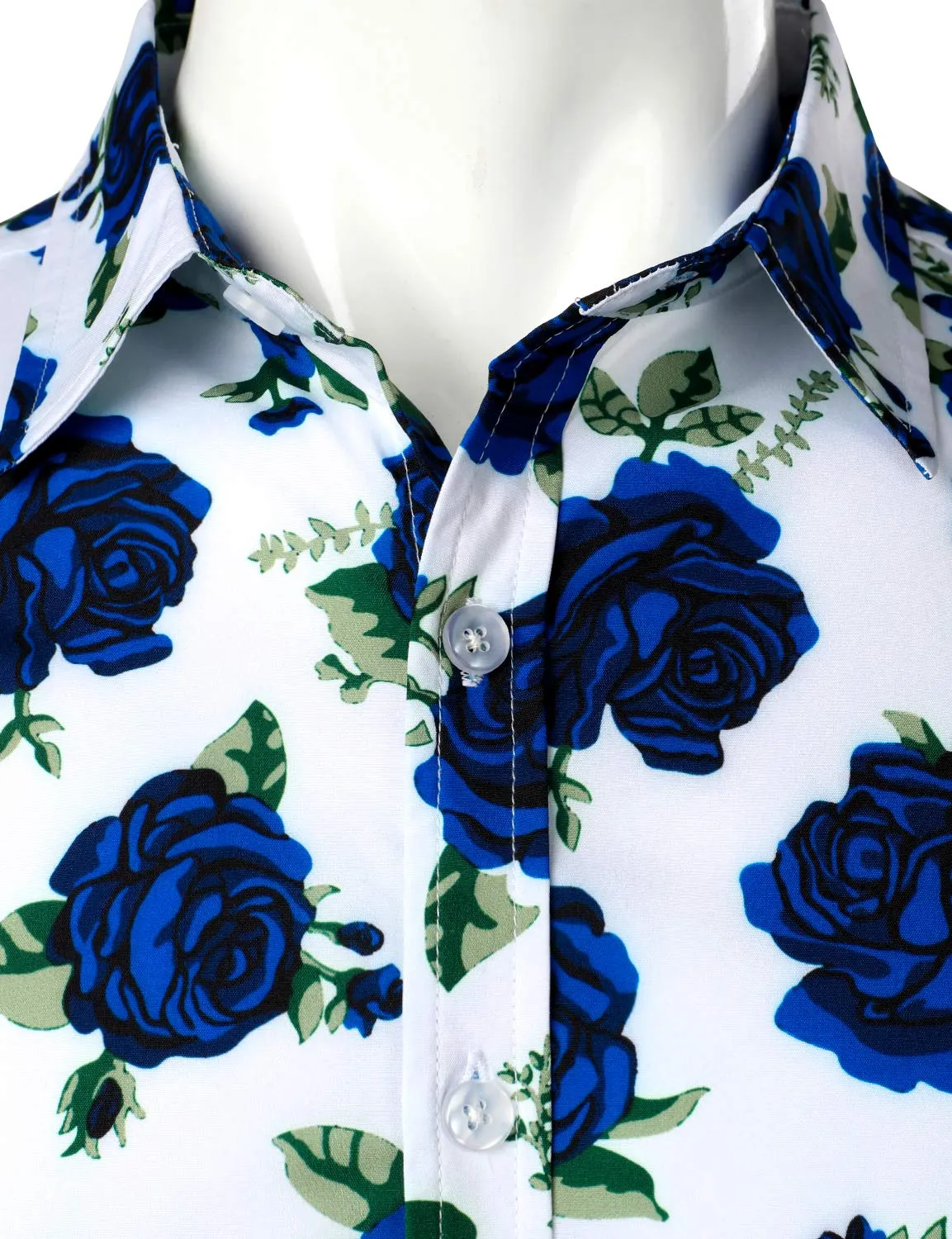 Men's Blue Rose Print Casual Button Up Long Sleeve Shirt