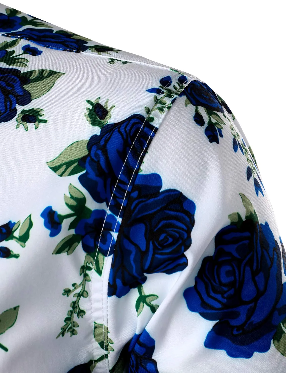 Men's Blue Rose Print Casual Button Up Long Sleeve Shirt
