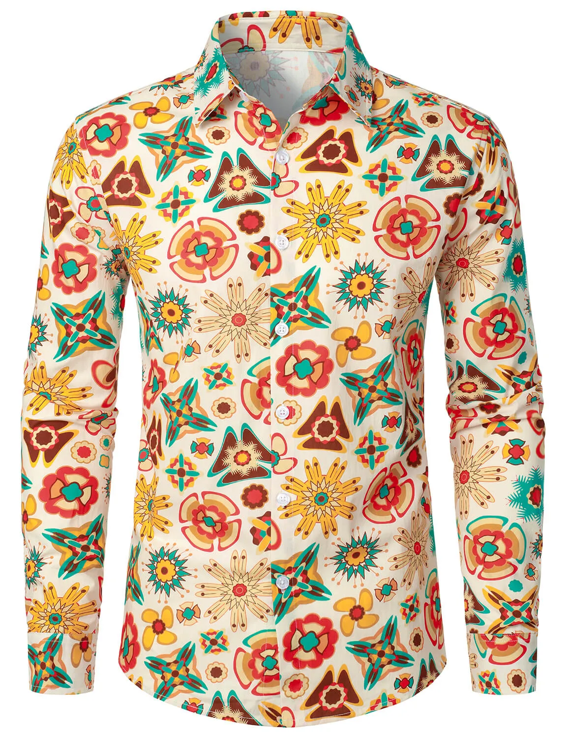 Men's Bright Floral Print Cotton Long Sleeve Button Up Dress Shirt