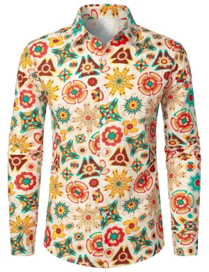 Men's Bright Floral Print Cotton Long Sleeve Button Up Dress Shirt