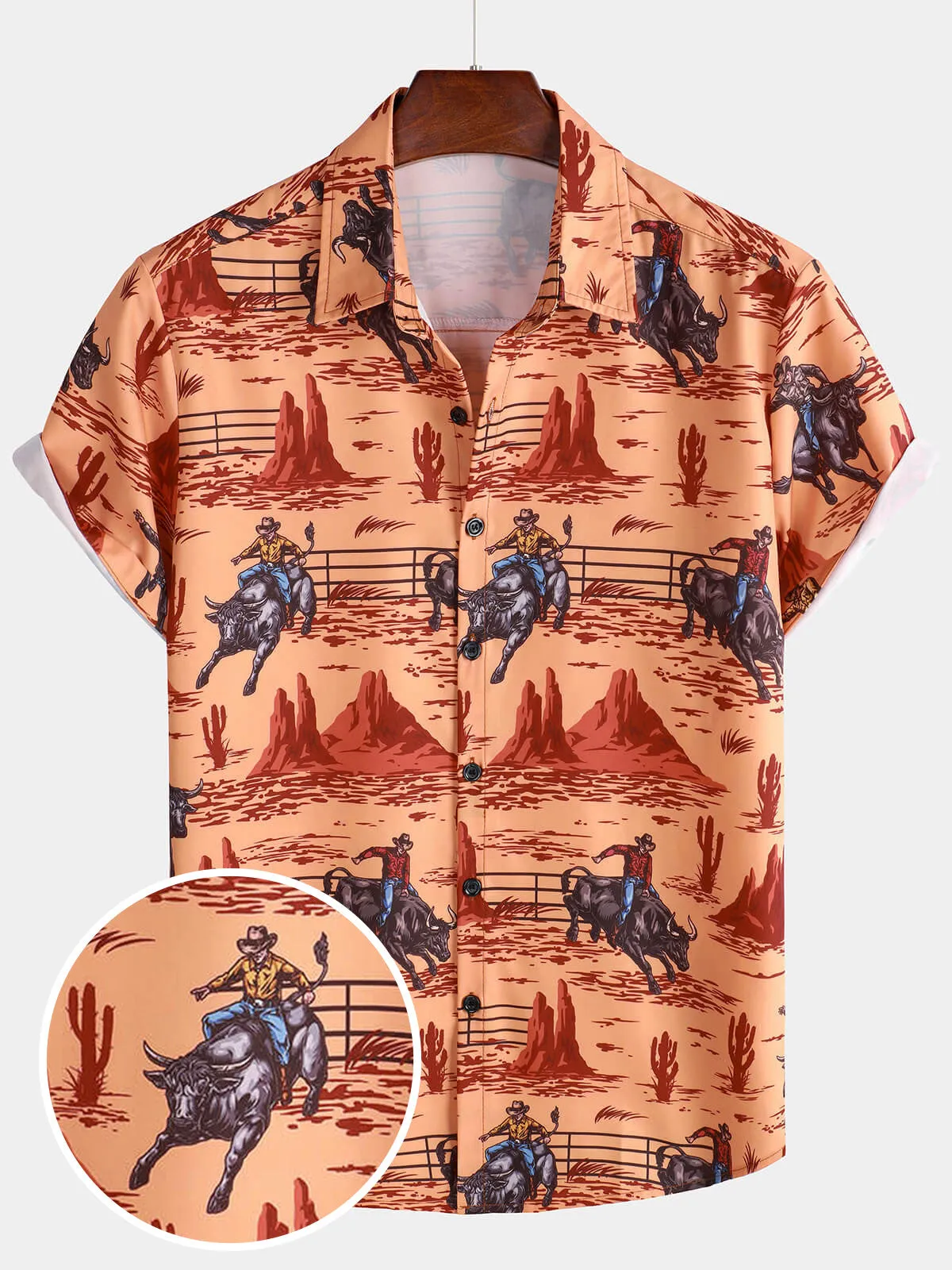 Men's Casual 70s Cowboy Western Holiday Short Sleeve Shirt