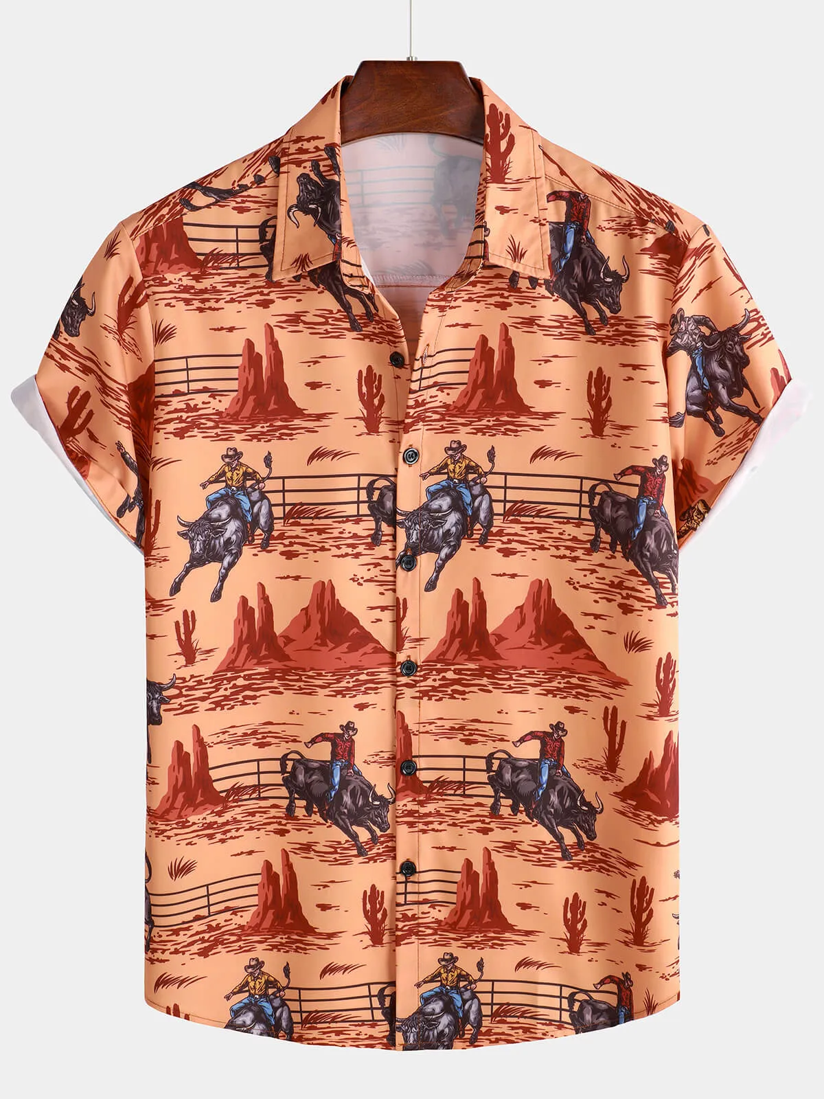 Men's Casual 70s Cowboy Western Holiday Short Sleeve Shirt