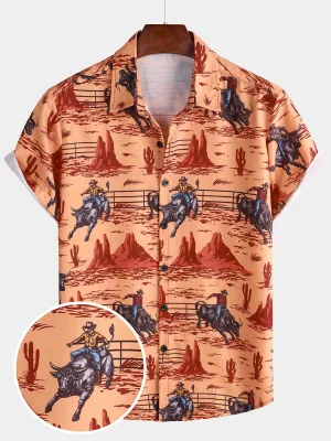Men's Casual 70s Cowboy Western Holiday Short Sleeve Shirt